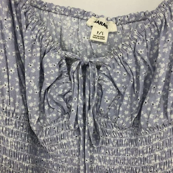 Garage periwinkle blue white floral shirred tie front crop tank top SP - Picture 8 of 13